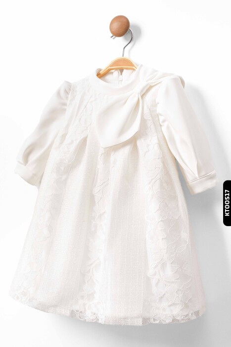 Bohçalı Çiçekli Ajurlu Büzgülü Dik Yakalı A-Line Kalıplı Kız Çocuk Elbise 2-6 Yaş 10043 Beyaz - 2