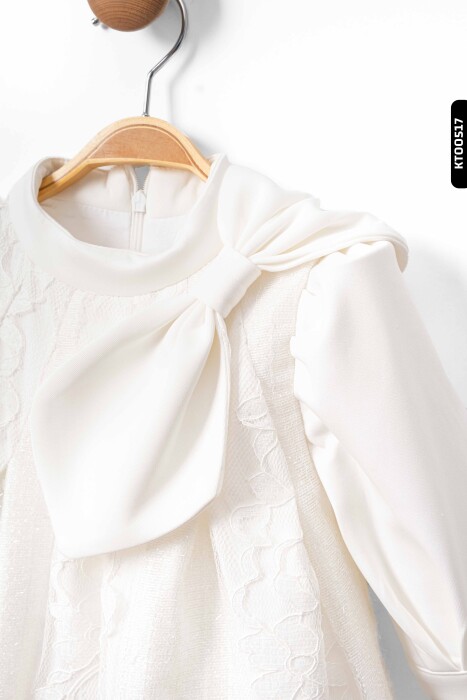 Bohçalı Çiçekli Ajurlu Büzgülü Dik Yakalı A-Line Kalıplı Kız Çocuk Elbise 2-6 Yaş 10043 Beyaz - 3