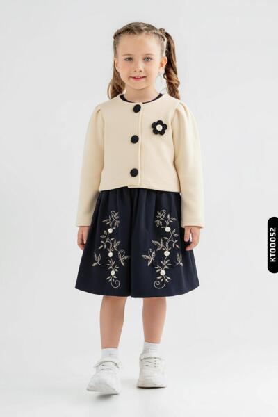 Kız Çocuk Elbise 4-7 Yaş 52072 Bej - Lacivert - MOONSTAR