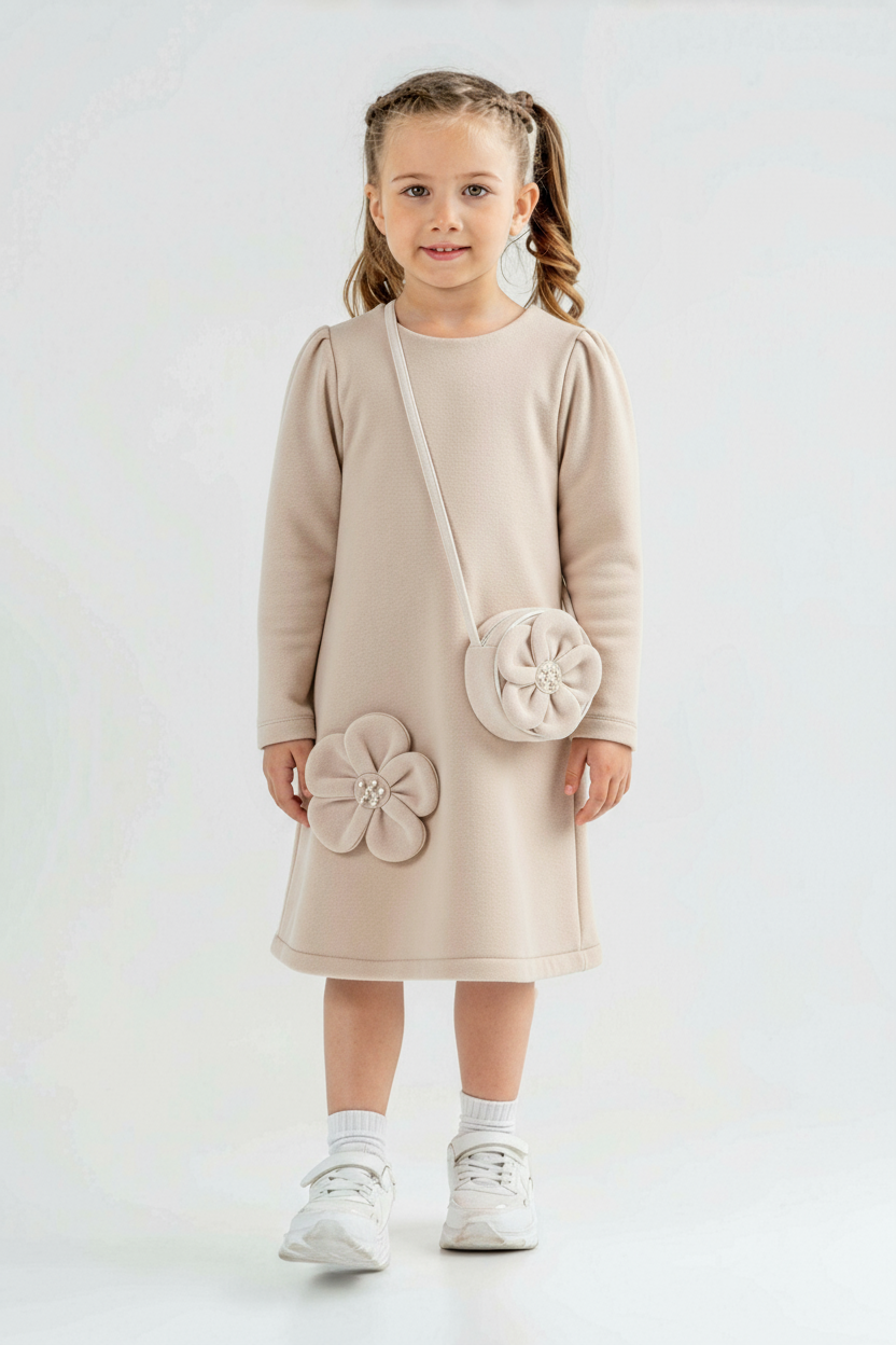 Kız Çocuk Elbise 4-7 Yaş 52103 Bej - 1