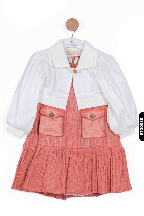 Cepli Ajurlu Bebe Yakalı Balon Kollu Fırfırlı 2'li Kız Çocuk Elbise 3-6 Yaş 2508 Ekru - Mercan - 1