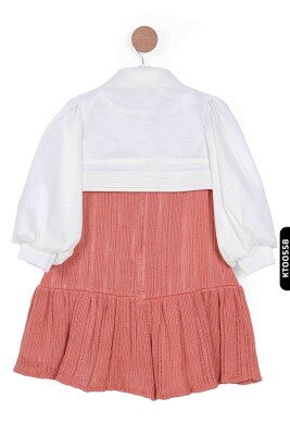 Cepli Ajurlu Bebe Yakalı Balon Kollu Fırfırlı 2'li Kız Çocuk Elbise 3-6 Yaş 2508 Ekru - Mercan - 2