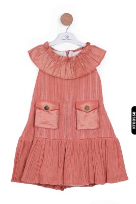 Cepli Ajurlu Bebe Yakalı Balon Kollu Fırfırlı 2'li Kız Çocuk Elbise 3-6 Yaş 2508 Ekru - Mercan - 3