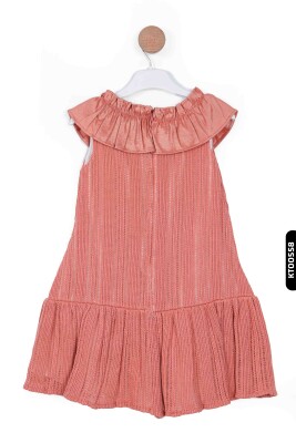 Cepli Ajurlu Bebe Yakalı Balon Kollu Fırfırlı 2'li Kız Çocuk Elbise 3-6 Yaş 2508 Ekru - Mercan - 4