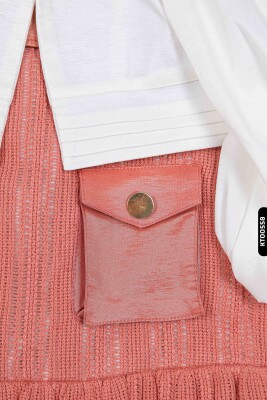 Cepli Ajurlu Bebe Yakalı Balon Kollu Fırfırlı 2'li Kız Çocuk Elbise 3-6 Yaş 2508 Ekru - Mercan - 5