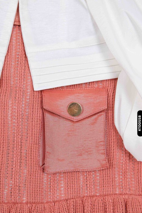 Cepli Ajurlu Bebe Yakalı Balon Kollu Fırfırlı 2'li Kız Çocuk Elbise 3-6 Yaş 2508 Ekru - Mercan - 5