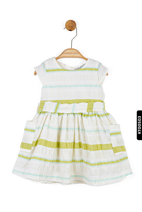 Renk Şeritli Kuşaklı Kolsuz Çift Cepli Kız Çocuk Elbise 9 Ay - 4 Yaş 76603 Ekru - Yeşil - 1