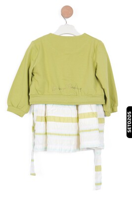 Renk Şeritli Kuşaklı Kolsuz Çift Cepli Kız Çocuk Elbise 9 Ay - 4 Yaş 76603 Ekru - Yeşil - 4