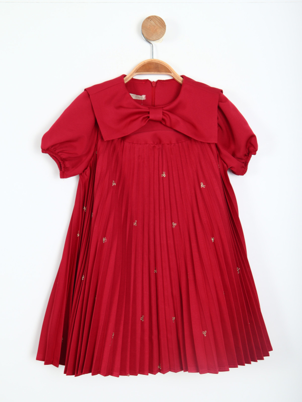 Kız Çocuk Kisa Kol Elbise 4-8 Yaş 5864-1 Bordo - 1