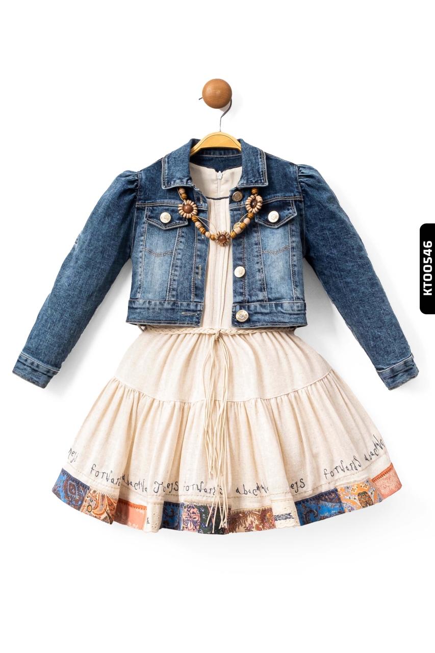 Kız Çocuk Elbise 3-7 Yaş 2359 Mavi - Bej - 1