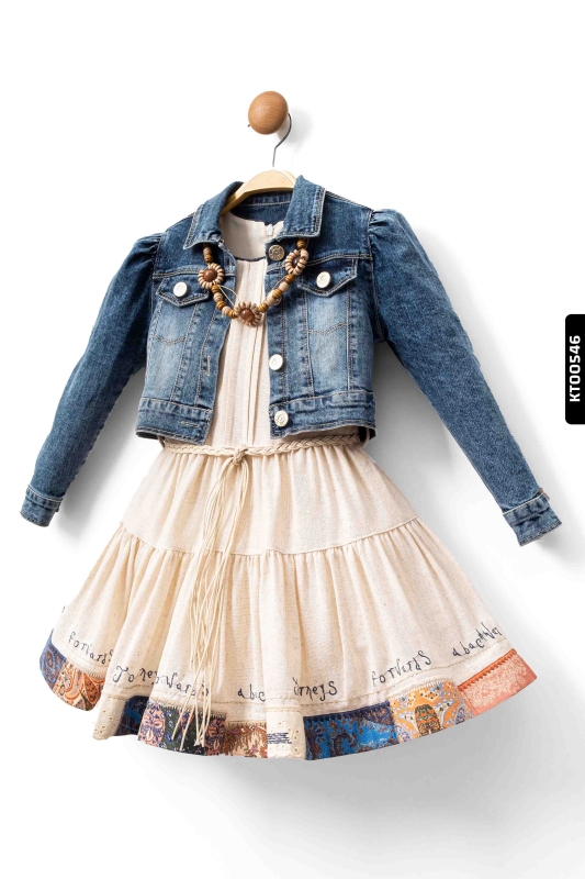 Kız Çocuk Elbise 3-7 Yaş 2359 Mavi - Bej - 2