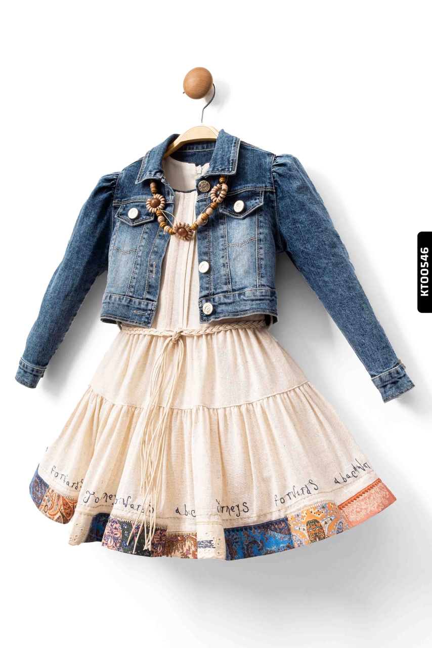 Kız Çocuk Elbise 3-7 Yaş 2359 Mavi - Bej - 2