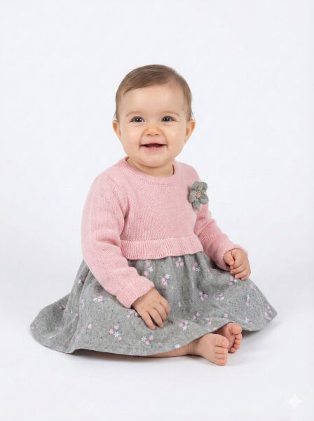 Kız Çocuk Elbise 6-24 Ay 4072 Pembe - Gri - Top Teens