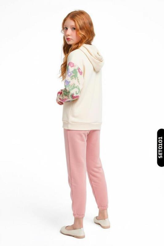 Kız Çocuk Eşofman Takım 10-16 Yaş 7435 Ekru - Pembe - 2