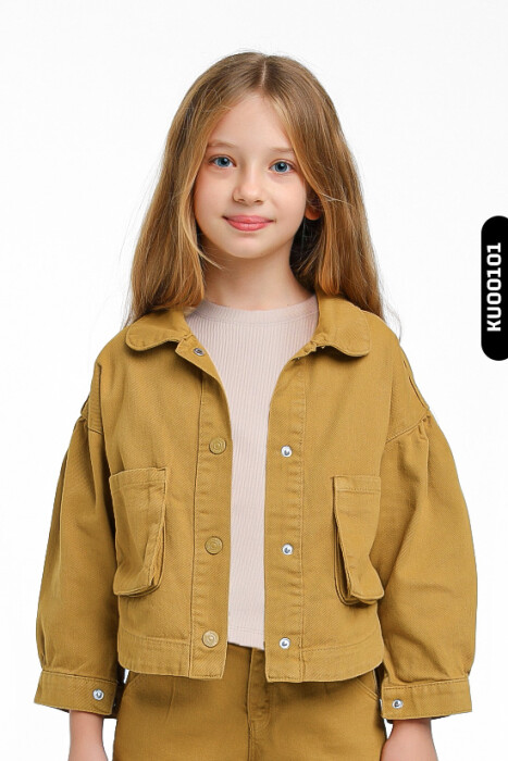 Sivri Yakalı Çift Cepli Çıt Çıt Kaplamalı Kız Çocuk Gömlek 5-14 Yaş 24216 Fıstık Yeşil - 1