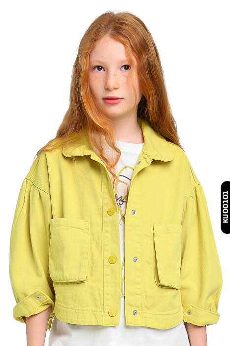 Sivri Yakalı Çift Cepli Çıt Çıt Kaplamalı Kız Çocuk Gömlek 5-14 Yaş 24216 limonlu yeşil - 1