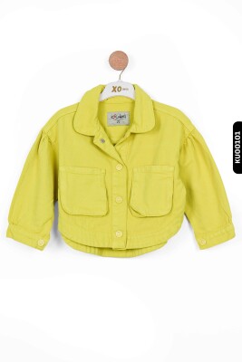 Sivri Yakalı Çift Cepli Çıt Çıt Kaplamalı Kız Çocuk Gömlek 5-14 Yaş 24216 limonlu yeşil - 2