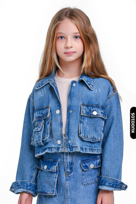 Ceket Yakalı Fleto Cepli Çıt Çıt Kaplamalı Kız Çocuk Gömlek 5-14 Yaş 24205 Mavi - 3