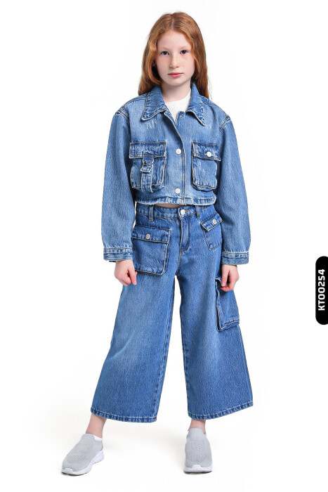 Ceket Yakalı Fleto Cepli Çıt Çıt Kaplamalı Kız Çocuk Gömlek 5-14 Yaş 24205 Mavi - 5