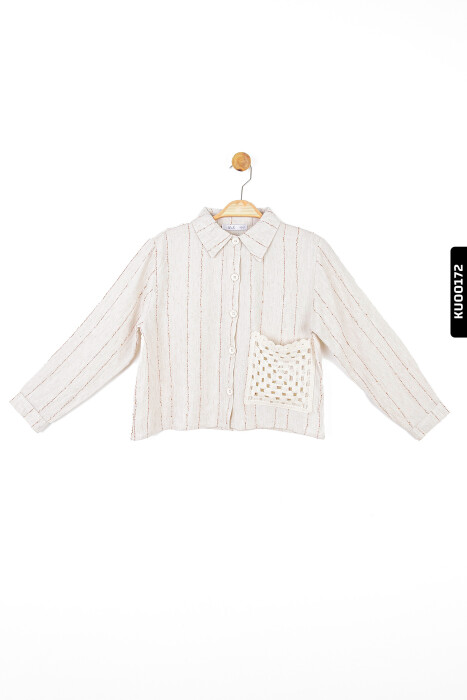 Sivri Yakalı Çizgili Aplikeli Yan Cepli Düğmeli Kız Çocuk Gömlek 8-14 Yaş 36338 Krem-Kahve/Cream-Brown * - 3