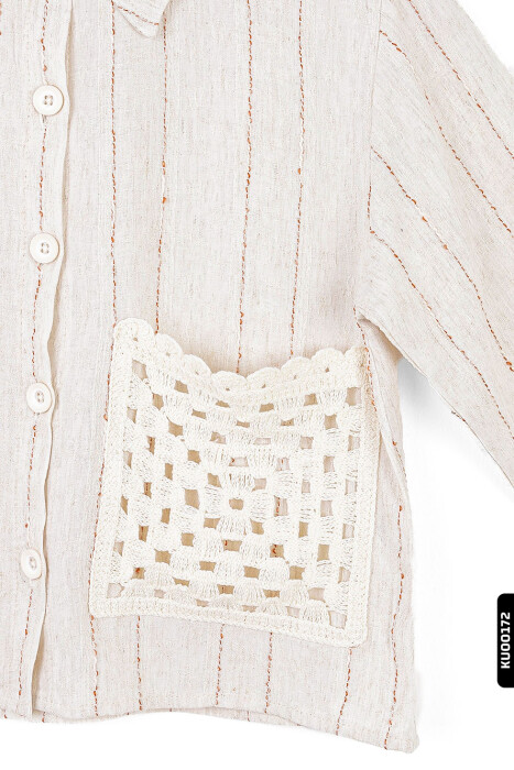 Sivri Yakalı Çizgili Aplikeli Yan Cepli Düğmeli Kız Çocuk Gömlek 8-14 Yaş 36338 Krem-Kahve/Cream-Brown * - 5