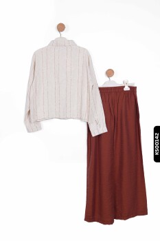 Sivri Yakalı Çizgili Aplikeli Yan Cepli Düğmeli Kız Çocuk Gömlek 8-14 Yaş 36338 Krem-Kahve/Cream-Brown * - 10