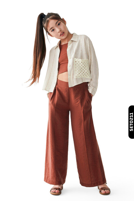 Sivri Yakalı Çizgili Aplikeli Yan Cepli Düğmeli Kız Çocuk Gömlek 8-14 Yaş 36338 Krem-Kahve/Cream-Brown * - 9