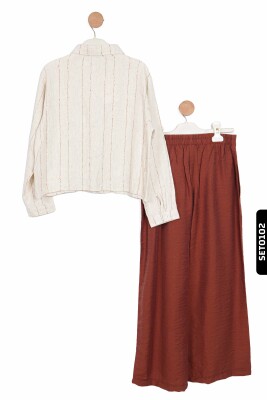 Sivri Yakalı Çizgili Aplikeli Yan Cepli Düğmeli Kız Çocuk Gömlek 8-14 Yaş 36338 Krem-Kahve/Cream-Brown * - 7