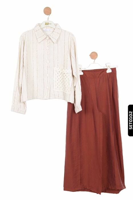 Sivri Yakalı Çizgili Aplikeli Yan Cepli Düğmeli Kız Çocuk Gömlek 8-14 Yaş 36338 Krem-Kahve/Cream-Brown * - 8