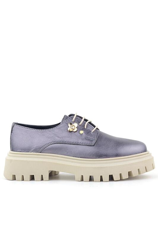 Rakerplus Platin Hakiki Deri Çiçek Detaylı Bağcıklı Oxford Günlük Ayakkabı - 2