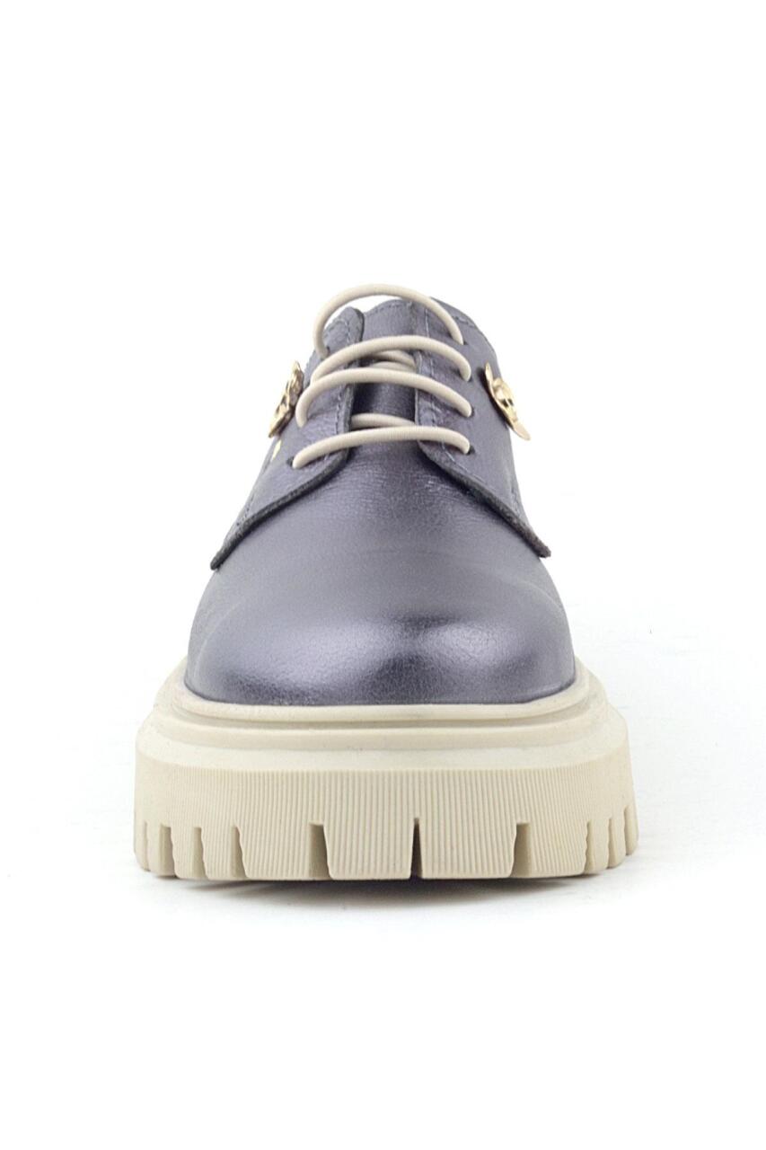 Rakerplus Platin Hakiki Deri Çiçek Detaylı Bağcıklı Oxford Günlük Ayakkabı - 3