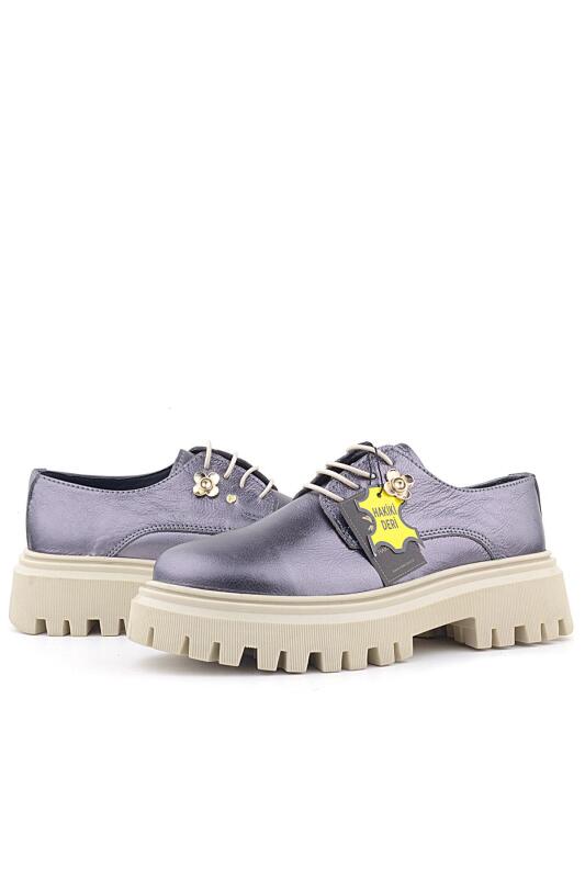 Rakerplus Platin Hakiki Deri Çiçek Detaylı Bağcıklı Oxford Günlük Ayakkabı - 6