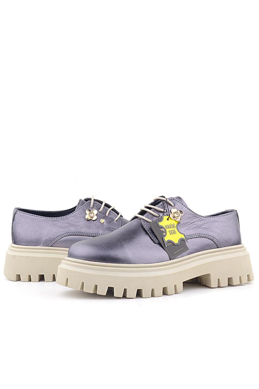 Rakerplus Platin Hakiki Deri Çiçek Detaylı Bağcıklı Oxford Günlük Ayakkabı - 6