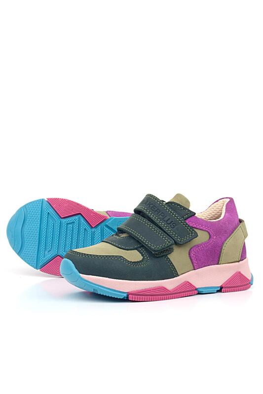 Rakerplus Hakiki Deri Haki Yeşil Fuşya Çocuk Cırtlı Sneakers Spor Ayakkabı - 4