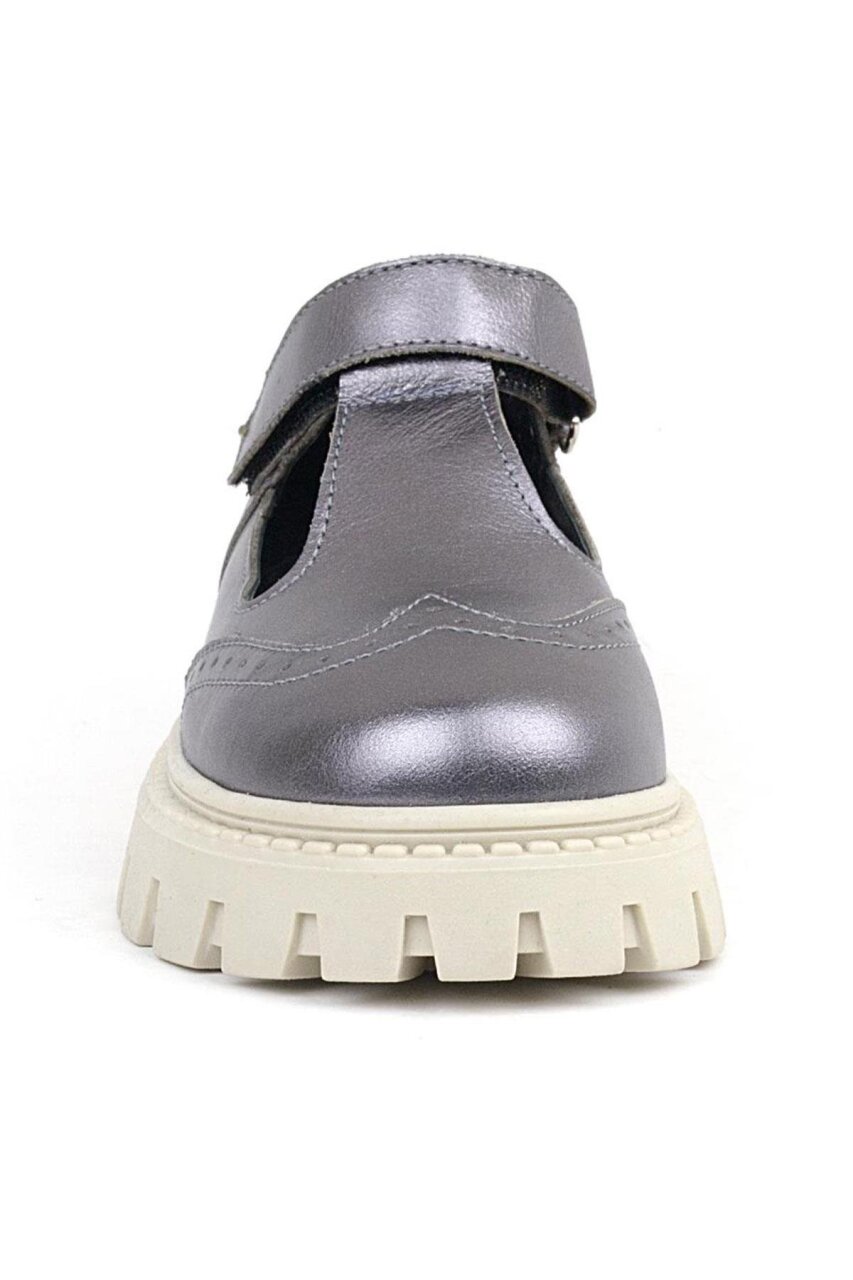 Rakerplus Hakiki Deri Platin Krem Tabanlı Cırtlı Kız Çocuk Okul Ayakkabı - 4