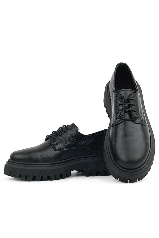 Rakerplus Siyah Kırışık Rugan Hakiki Deri Bağcıklı Kız Çocuk Oxford Okul Ayakkabı - 6