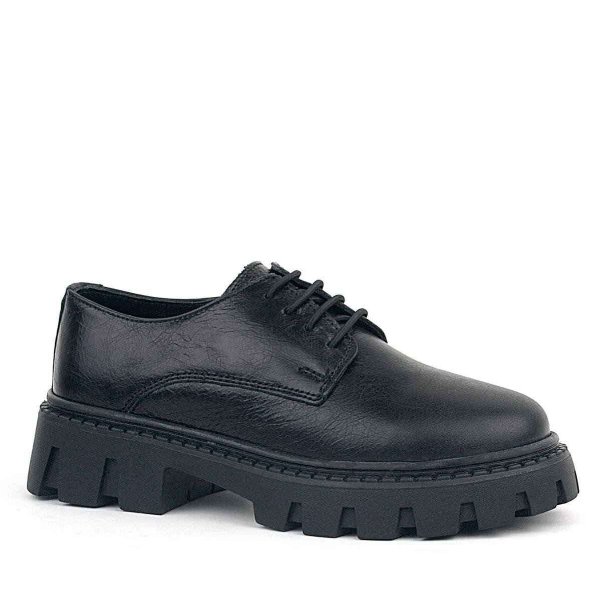 Rakerplus Siyah Kırışık Rugan Hakiki Deri Bağcıklı Kız Çocuk Oxford Okul Ayakkabı - 1