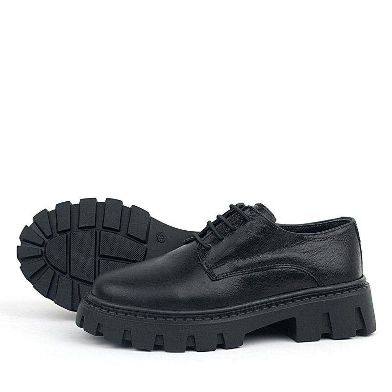 Rakerplus Siyah Kırışık Rugan Hakiki Deri Bağcıklı Kız Çocuk Oxford Okul Ayakkabı - 5