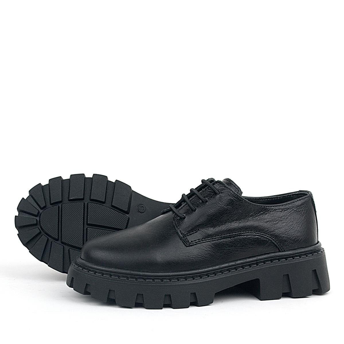 Rakerplus Siyah Kırışık Rugan Hakiki Deri Bağcıklı Kız Çocuk Oxford Okul Ayakkabı - 5