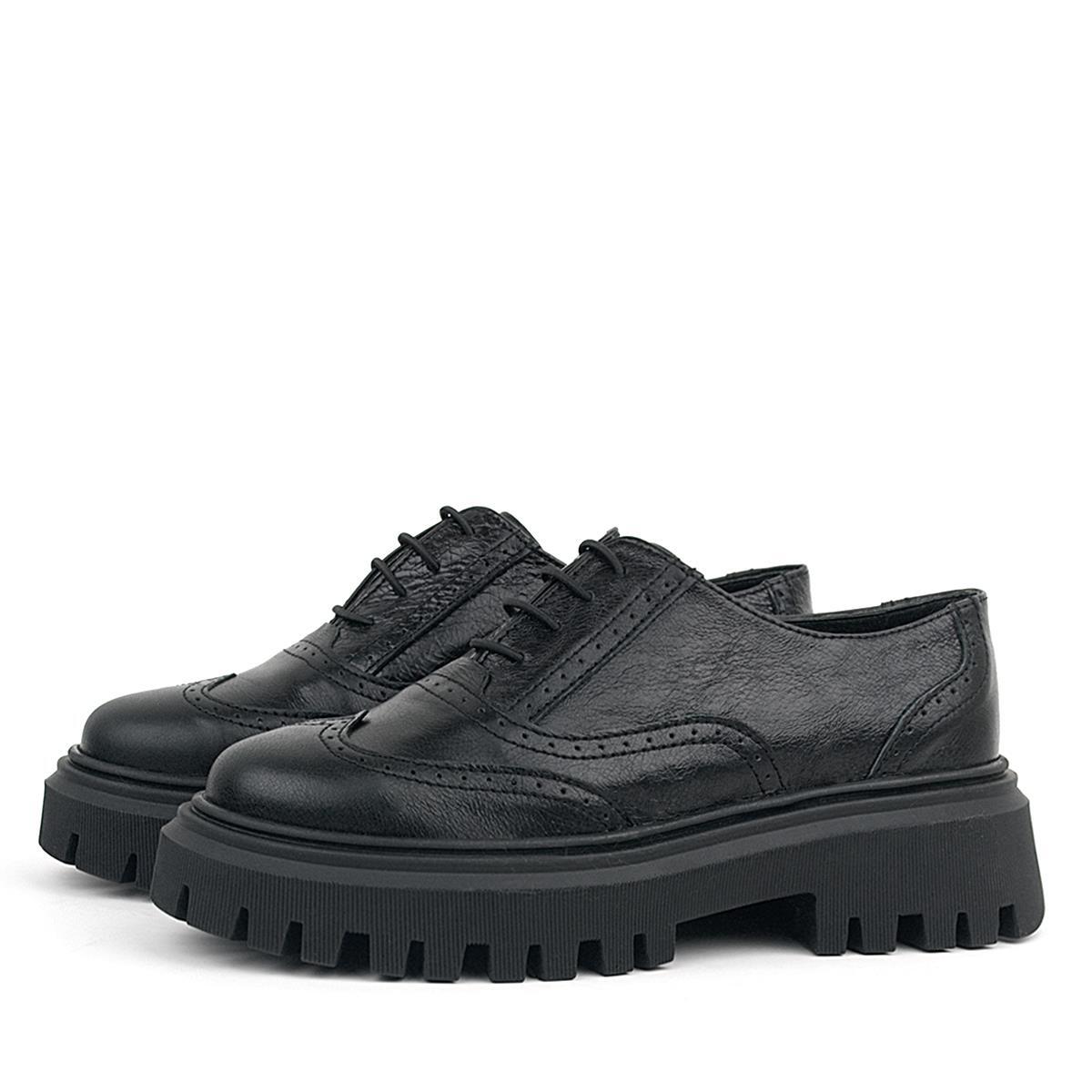 Rakerplus Siyah Kırışık Rugan Hakiki Deri Bağcıklı Oxford Günlük Ayakkabı - 4