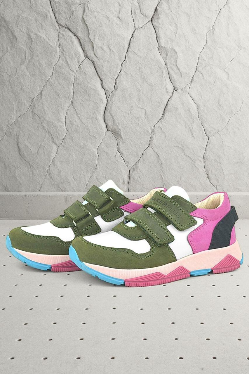 Rakerplus Hakiki Deri Yeşil Pembe Çocuk Sneakers Spor Ayakkabı - 1
