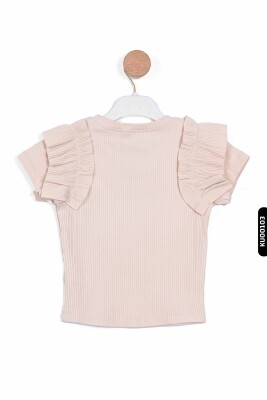 Fırfırlı Kısa Kollu O Yakalı Çizgili Kız Çocuk Kazak 5-14 Yaş 35773 Bej - 3