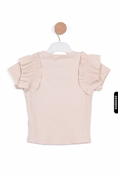 Fırfırlı Kısa Kollu O Yakalı Çizgili Kız Çocuk Kazak 5-14 Yaş 35773 Bej - 3