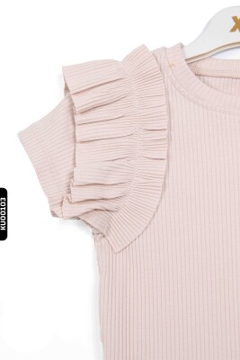 Fırfırlı Kısa Kollu O Yakalı Çizgili Kız Çocuk Kazak 5-14 Yaş 35773 Bej - 4