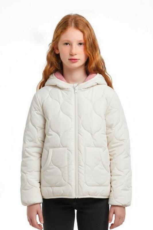 Çift Traflı İçi Polarlı Rüzgar Geçirmez Kapüşonlu Şişme Kız Çocuk Mont 6-10 Yaş 50323 Ekru 