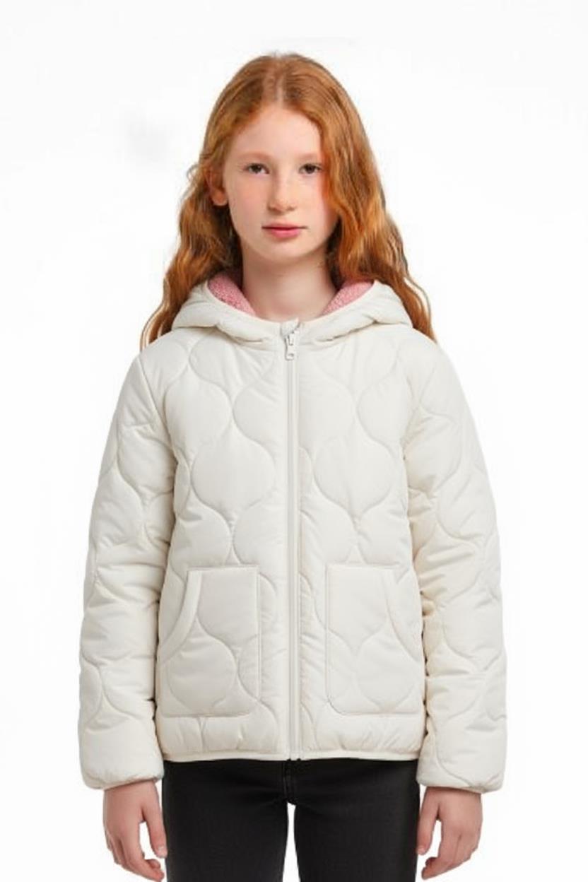 Çift Traflı İçi Polarlı Rüzgar Geçirmez Kapüşonlu Şişme Kız Çocuk Mont 6-10 Yaş 50323 Ekru - 1
