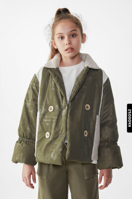 Kız Çocuk Büyük Yakalı Düğmeli Şişmeli Style Mont 8-14 Yaş 35352 Haki - NK KİDS