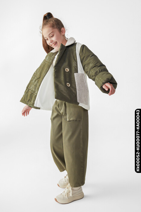 Kız Çocuk Büyük Yakalı Düğmeli Şişmeli Style Mont 8-14 Yaş 35352 Haki - 3