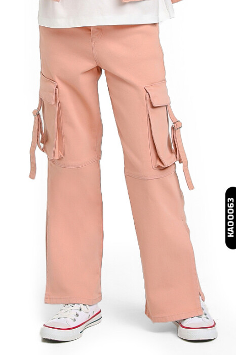 Yırtmaçlı Geniş Paçalı Kargo Cepli Kız Çocuk Pantolon 5-14 Yaş 2428 Pudra - 1