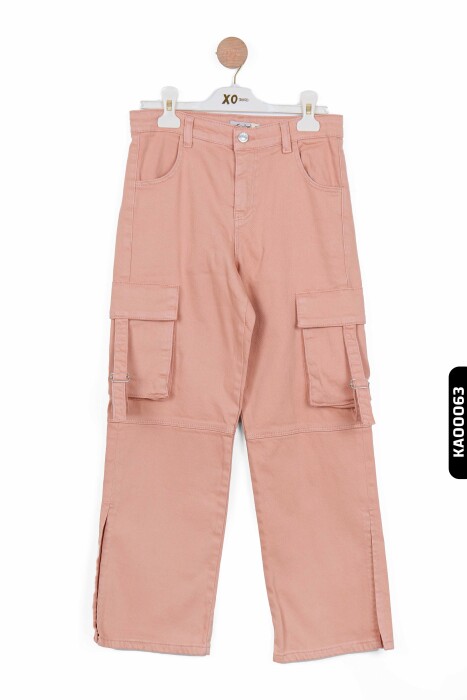 Yırtmaçlı Geniş Paçalı Kargo Cepli Kız Çocuk Pantolon 5-14 Yaş 2428 Pudra - 2